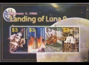 Dominica: Landing of Luna 9 Kleinbogen und Block