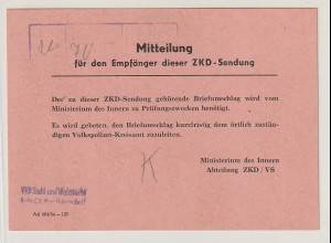 ZKD: Mitteilungskarte des MdI/ZKD wegen Rückgabe eines Umschlags