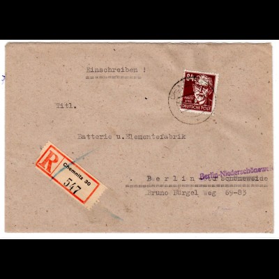 SBZ: R-Fern-Brief mit Köpfe I 84 Pfg. EF in b-Farbe. Geprüft Rehfeld