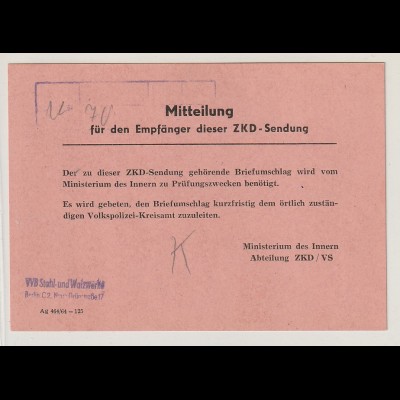 ZKD: Mitteilungskarte des MdI/ZKD wegen Rückgabe eines Umschlags