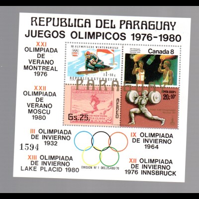 Paraguay Olympische Spiele 1976-80, Block 316, postfrisch