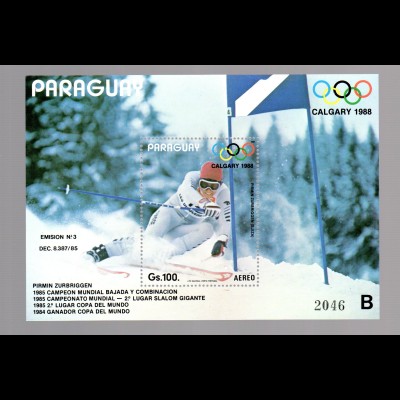 Paraguay Olymp. Winterspiele Cargary 1988, Ski (Zurbriggen) Block 441, **
