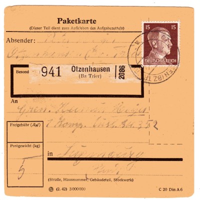 Hitler 15 Pfg. als MeF auf Paketkarte