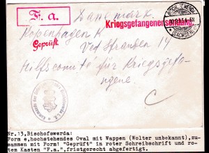 Kriegsgefangenensendung 1. Weltkrieg, Zensiert Nr.13 Bischofswerda.