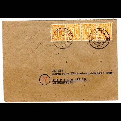 AM-Post Fern-Brief mit 4er Streifen 6 Pfg. (engl. Druck)