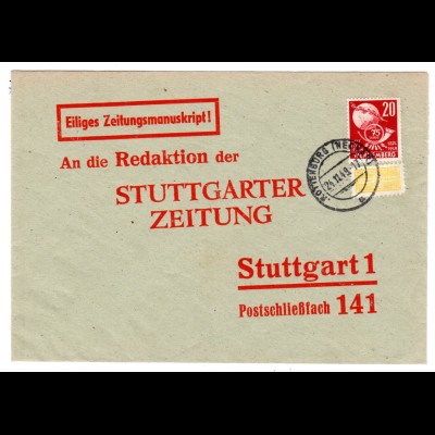 Württemberg, Fern-Brief mit EF. Mi.-Nr. 51 + Notopfermarke Mi.-Nr. 3