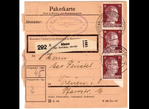 Hitler; 15 Pfg. als reine Mehrfachfrankatur auf Paketkarte