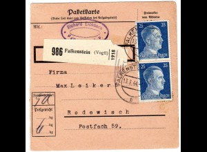 Hitler; 25 Pfg. als reine Mehrfachfrankatur auf Paketkarte