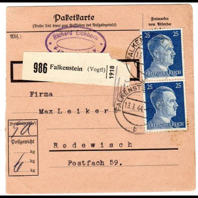 Hitler; 25 Pfg. als reine Mehrfachfrankatur auf Paketkarte