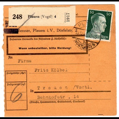 Hitler; 50 Pfg. als reine Einzelfrankatur auf Paketkarte