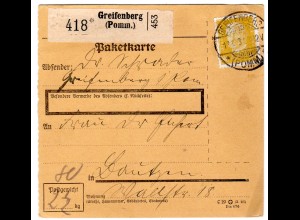 80 Pfg. Hindenburg als EF auf Paketkarte