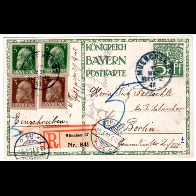 Bayern 1911: Einschreibkarte, mit Nachgebühr