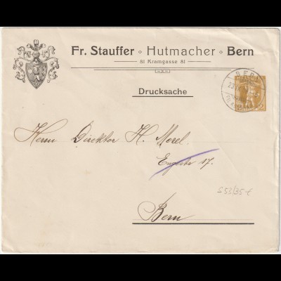 Schweiz: Privatganzsachen-Umschlag "Stauffer, Hutmacher, Bern", 1908