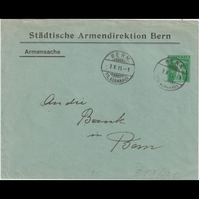 Schweiz: Privatganzsachen-Umschlag "Städt. Armendirektion Bern", 1911