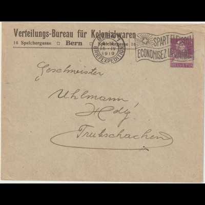 Schweiz: Privatganzsachen-Umschlag "Verteilungsbüro Kolonialwaren", 1919