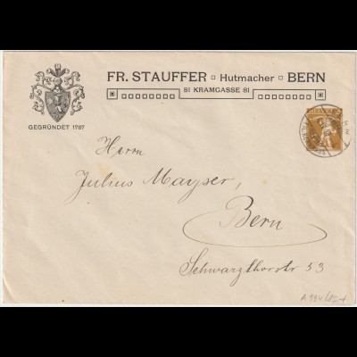 Schweiz: Privatganzsachen-Umschlag "Stauffer Hutmacher Berh", 1910