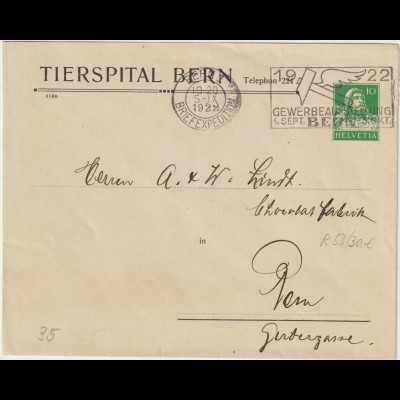 Schweiz: Privatganzsachen-Umschlag "Tierspital Bern", 1922
