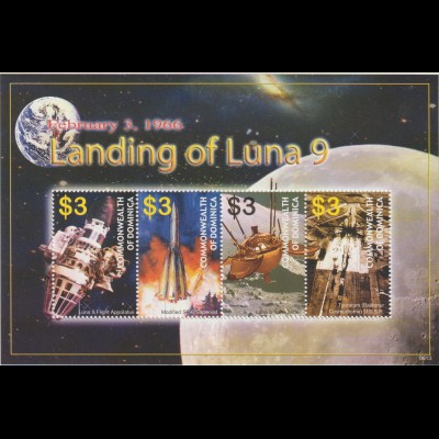 Dominica: Landing of Luna 9 Kleinbogen und Block