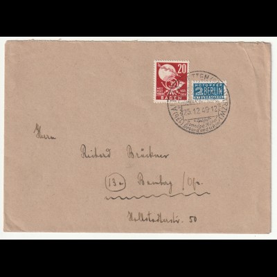 Baden, Fern-Brief mit EF. Mi.-Nr. 56 + Notopfermarke Berlin