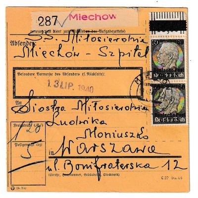 Gen.-Gouv.: Paketkarten-Stammteil, MeF Nr. 10, Miechow nach Warschau