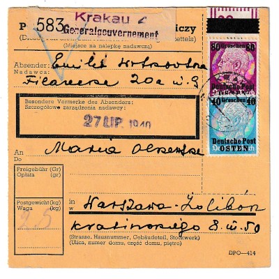 Gen.-Gouv.: Paketkarten-Stammteil, Nr. 11 OR, Krakow nach Warschau