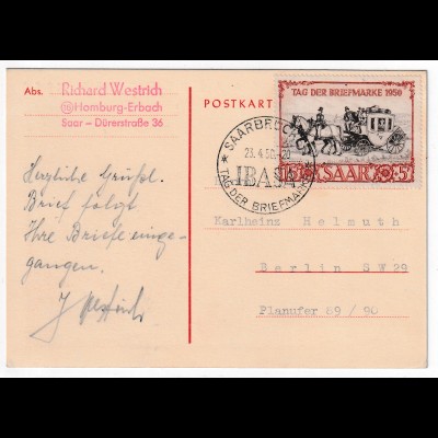 Saarland Tag der Brfm. 1950 (IBASA) auf FDC, Befund Geigle
