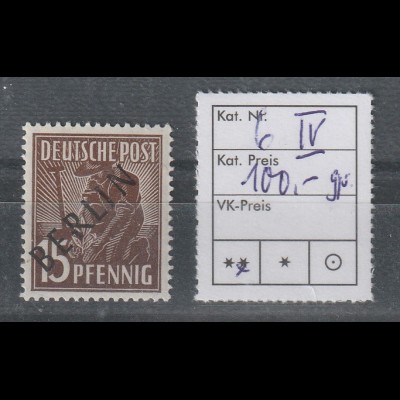 Berlin Schwarzaufdruck 15 Pfg. mit PF IV, **, geprüft Schlegel