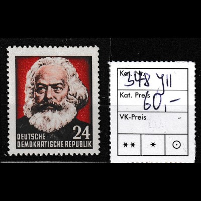 DDR Karl Marx (Mi.-Nr. 349 I) mit Wz YII, ** (MNH). Gepr. Mayer