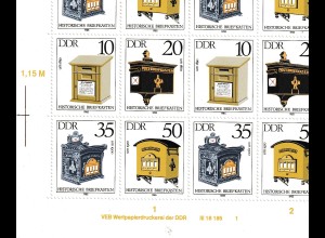DDR: Historische Briefkästen im kompletten Zusammendruckbogen, **