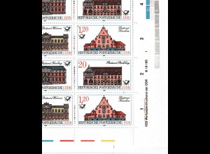 DDR: Postgebäude 1987 im kompletten Zusammendruckbogen, **