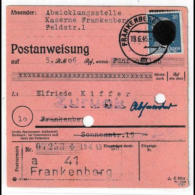 Sächsische Schwärzung Frankenberg auf Postanweisung