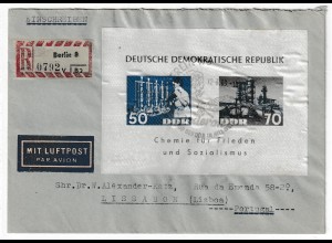 DDR Dederon-Block auf R-Brief nach Portugal; Ersttag
