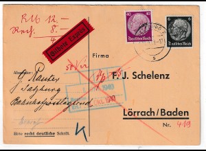 3. Reich: Firmen-Eilbotenkarte mit 40 Pfg. Hindenburg