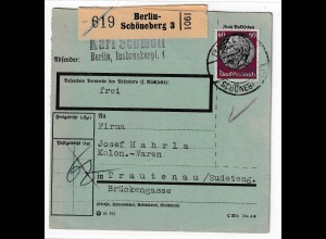 3. Reich: 60 Pfg. Hindenburg als EF auf Paketkarte