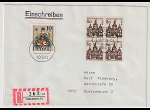 Berlin: 80 Pfg. "Deutsche Bauwerke" im Viererblock auf R-Brief, Befund