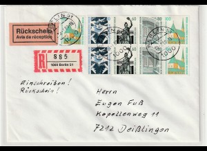 Berlin: HBl 23 portorichtig auf R-Brief mit Rückschein