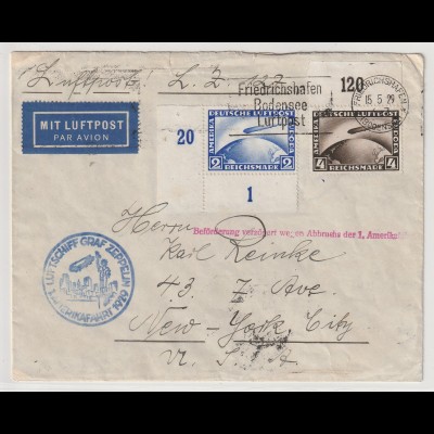 Zeppelin: 1. Amerikafahrt 1929, frankiert mit 2 und 4 RM
