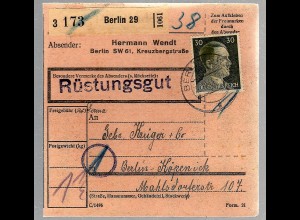 Paketkarte "Rüstungsgut" mit EF 30 Pfg. Hitler