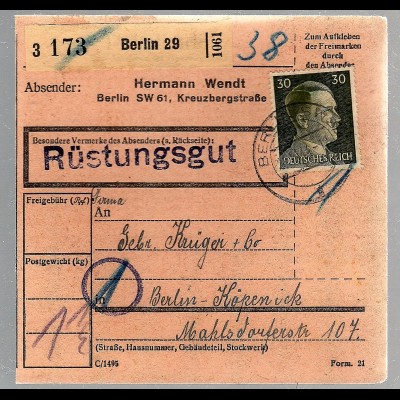 Paketkarte "Rüstungsgut" mit EF 30 Pfg. Hitler