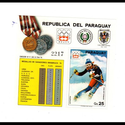 Paraguay: Olymp. W.-Spiele 76, Rosi Mittermaier, Block 277, **