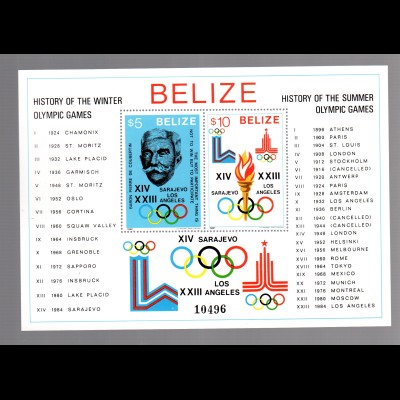 Belize: Geschichte der Olymp. Spiele Block 36 a, postfrisch
