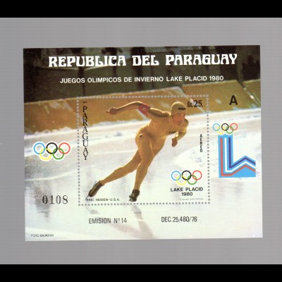 Paraguay Olymp. Spiele Lake Placid 1980, Eisschnelllauf, Block 352, **