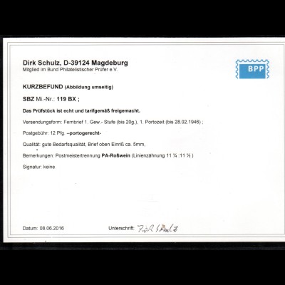 SBZ-Westsachsen Mi.-Nr. 119 BX (Roßwein), EF. auf Fernbrief, Befund Schulz.