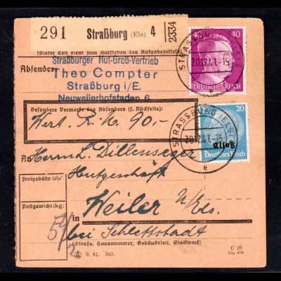 Elsaß, Wertpaket-Kartre mit Mi.F. DR + Mi.-Nr. 9