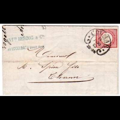 Brustschild Nr. 19 EF mit Hufeisenstempel Colmar auf Brief nach Chann