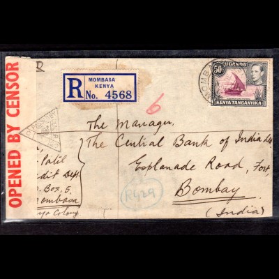 Zensurbrief Einschreiben von Uganda nach Indien, 1941