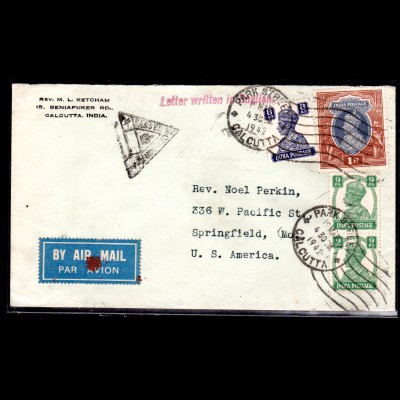 Zensurbrief von Indien nach USA, 1942