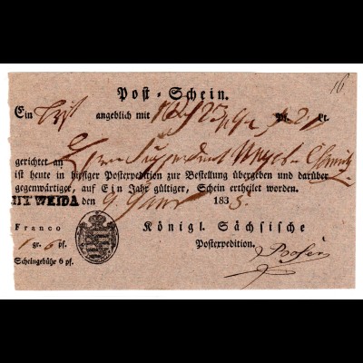 Vorphila Einlieferungsschein Mitweida 1833 (1838?)