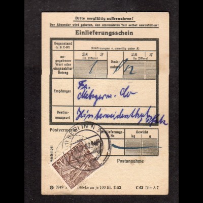 Berlin, Einlieferungsschein mit EF. Mi.-Nr. 48 von 1952