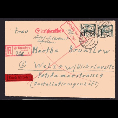 Fr.-Zone, Würtemberg, R-Eilbote-Brief mit 2x Mi.-Nr. 4 + Gebühr bezahlt.